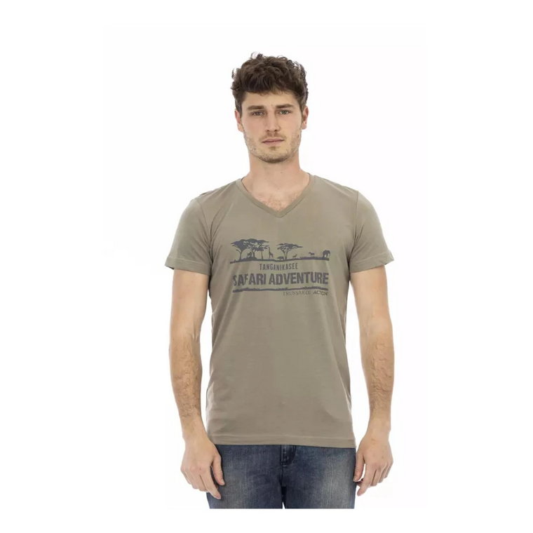 Brązowy T-Shirt z Graficznym Nadrukiem i Dekoltem w Szpic Trussardi