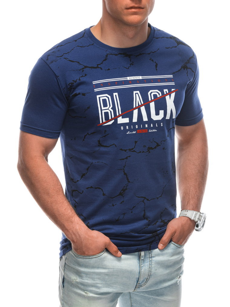 T-shirt męski z nadrukiem S1938 - ciemnoniebieski