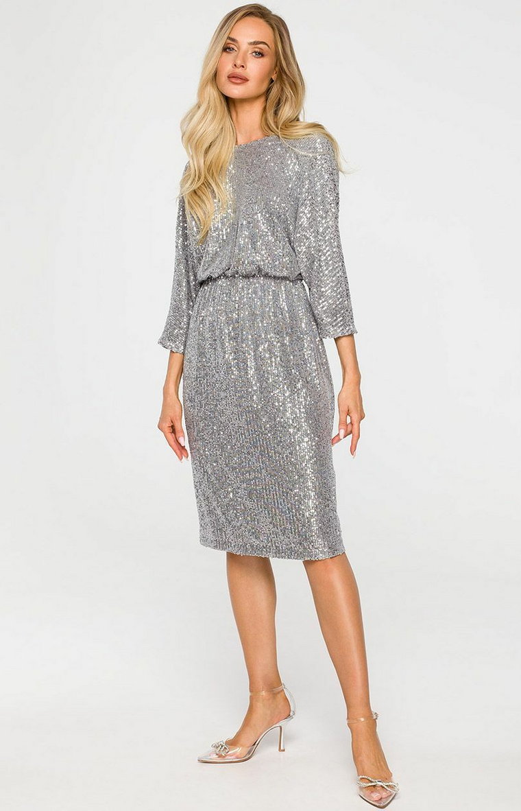 Sukienka z głębokim dekoltem na plecach w kolorze srebrnym M716, Kolor srebrny, Rozmiar L, MOE