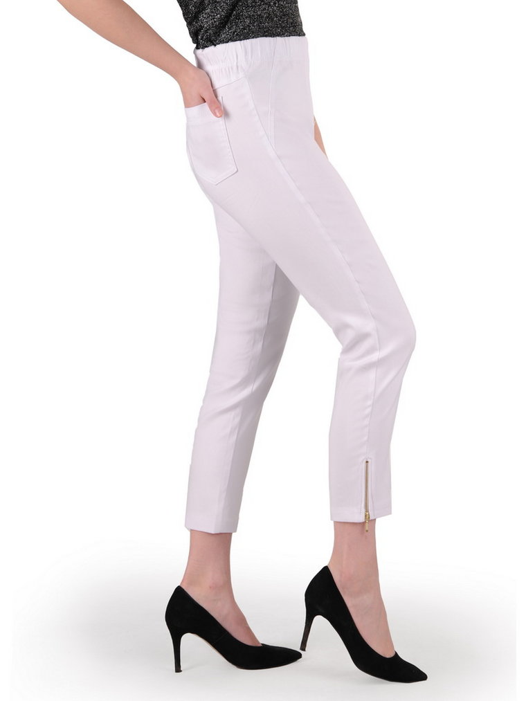 Białe spodnie damskie z gumką w pasie i ozdobnymi zamkami na nogawkach, plus size 35147