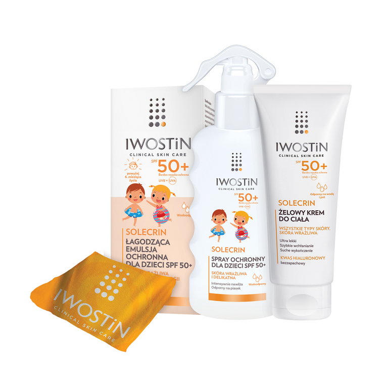 Iwostin Solecrin Zestaw (Emulsja SPF50+ 100ml + Spray SPF50+ 175ml+ Żel-krem SPF50+ 200ml + Ręcznik)