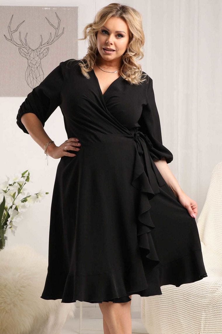 Sukienka wieczorowa kopertowa elegancka z falbanką IRIS wiązana czarna