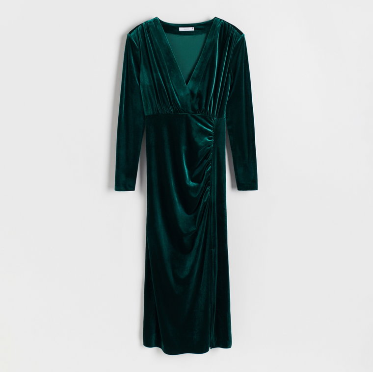 Reserved - Welurowa sukienka midi - zielony