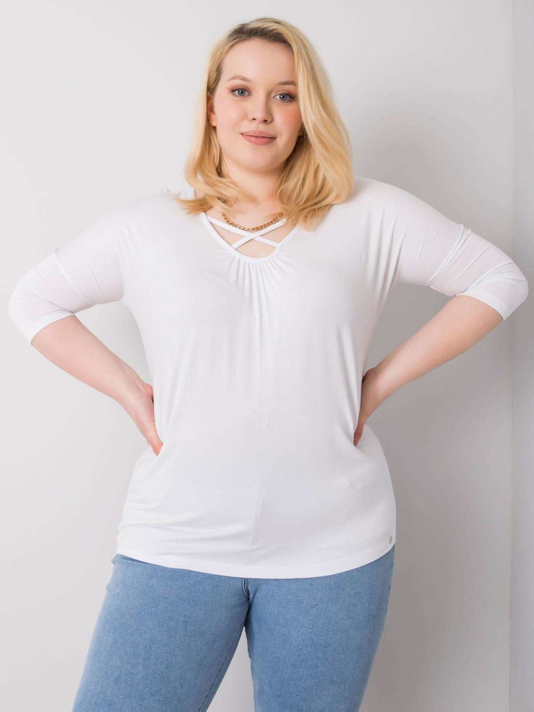 Bluzka plus size biały casual codzienna dekolt w kształcie V sznurowany rękaw 3/4