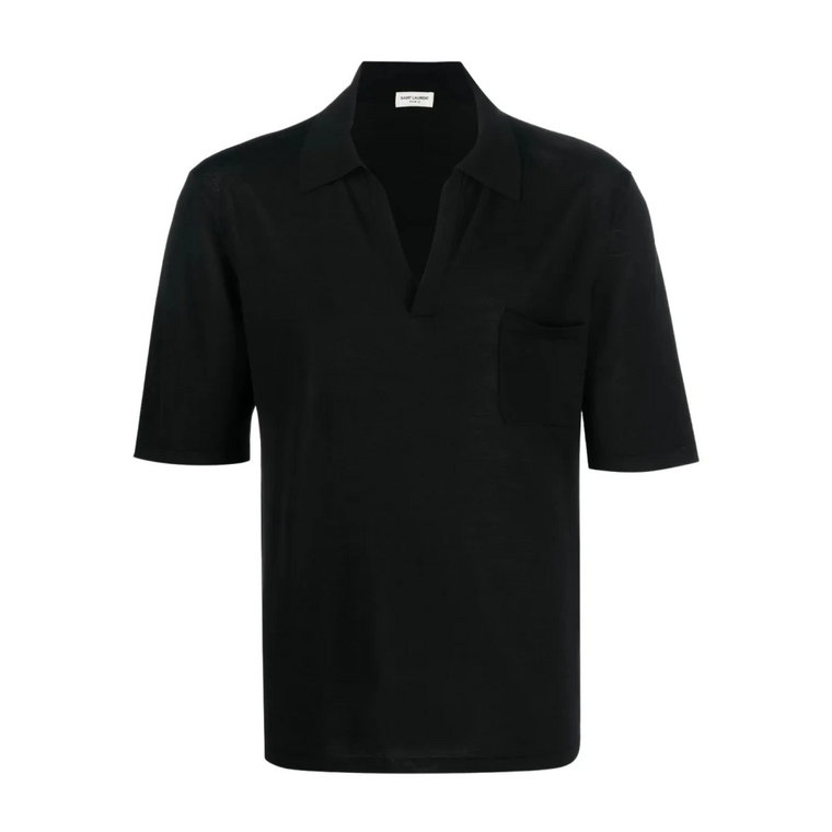 Czarny Wełniany Polo Shirt z Dekoltem w Szpic Saint Laurent
