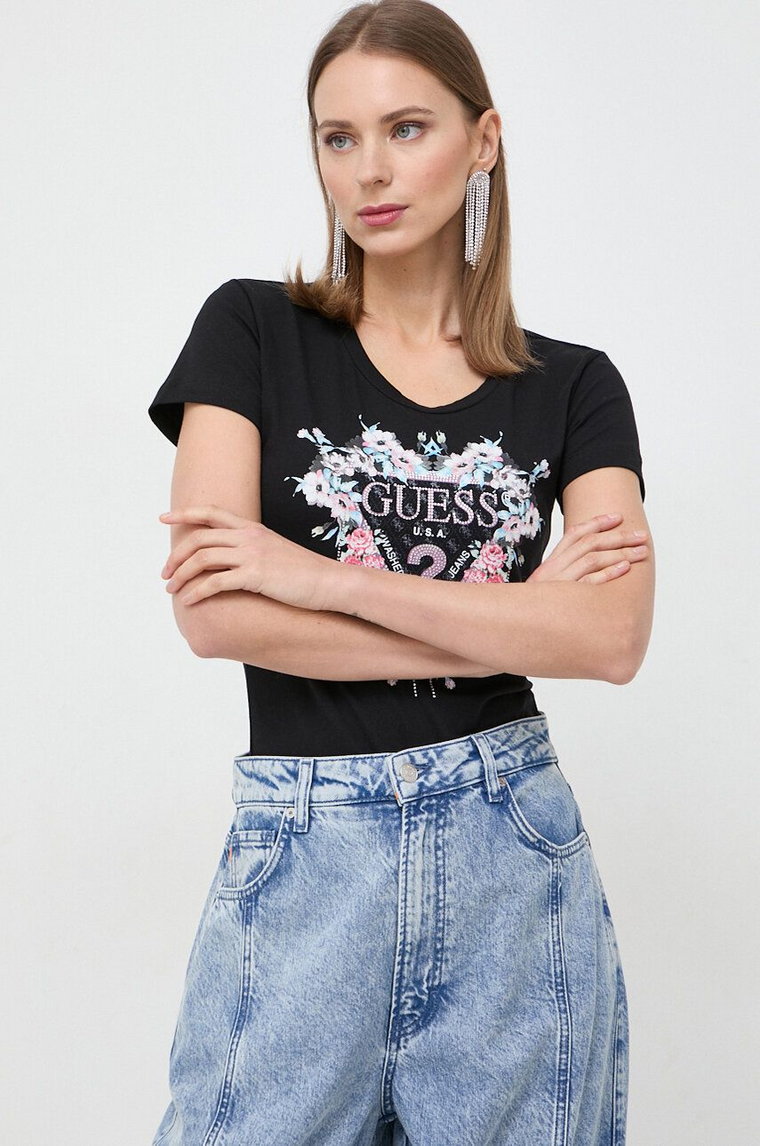 Guess t-shirt FLOWERS damski kolor czarny W4RI38 J1314