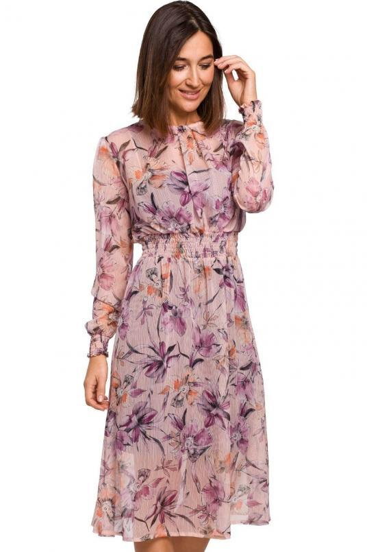 Szyfonowa sukienka w kwiaty z gumą w pasie długi rękaw różowa