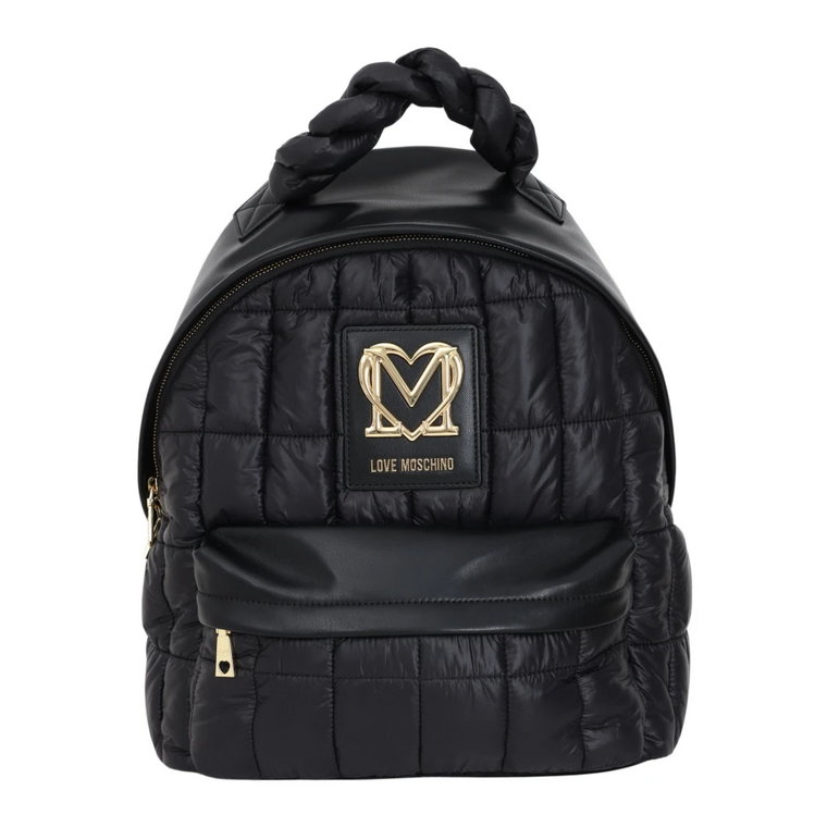 Pikowany czarny plecak z metalowym logo Love Moschino