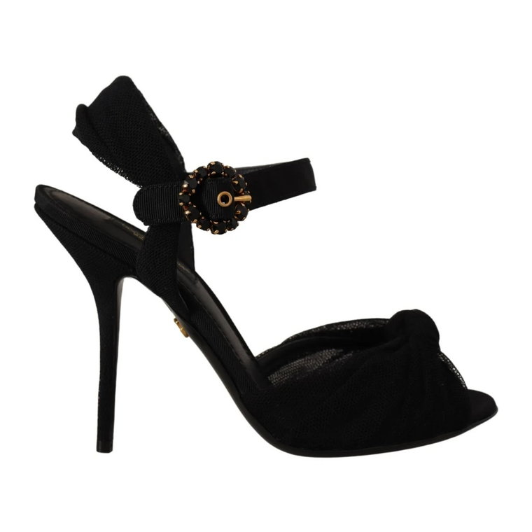 Czarne elastyczne sandały z tiulu na kostkę Dolce & Gabbana