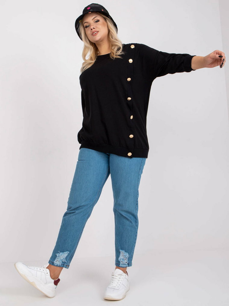 Bluzka plus size czarny casual codzienna dekolt okrągły rękaw 3/4 długość długa guziki