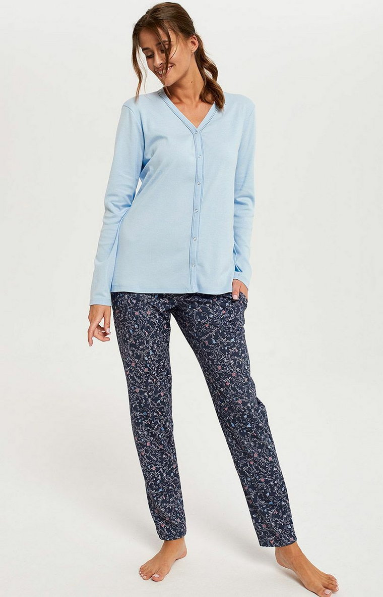 Piżama damska na długi rękaw i długie nogawki Sajna, Kolor niebieski-wzór, Rozmiar XL, Italian Fashion