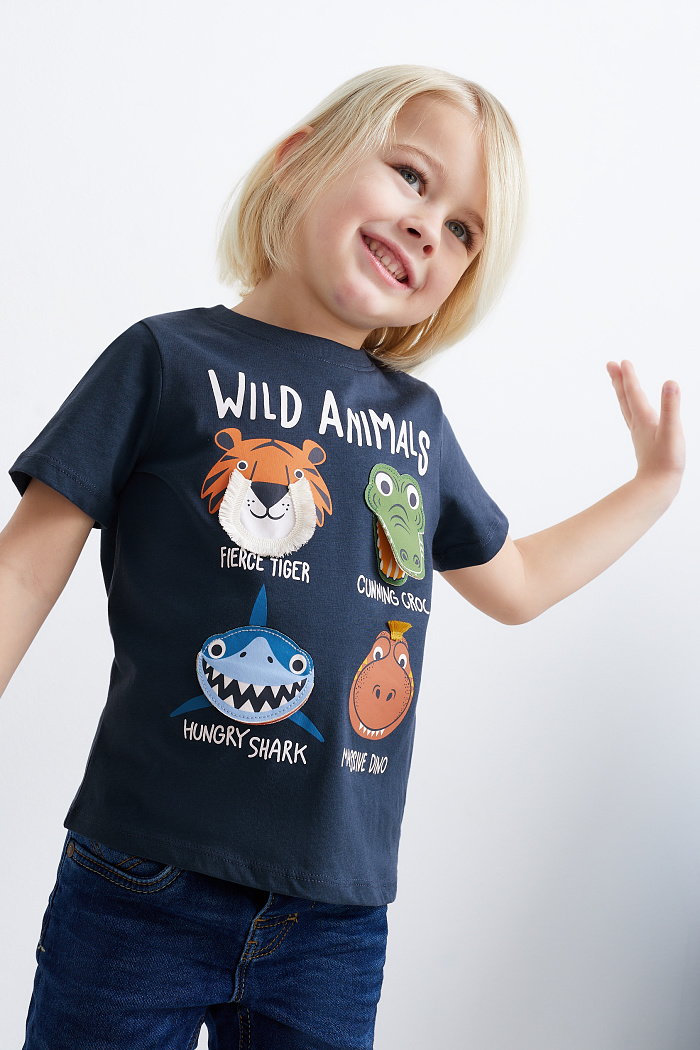 C&A Wielopak, 3 szt.-dzikie zwierzęta-koszulka z krótkim rękawem, Niebieski, Rozmiar: 122