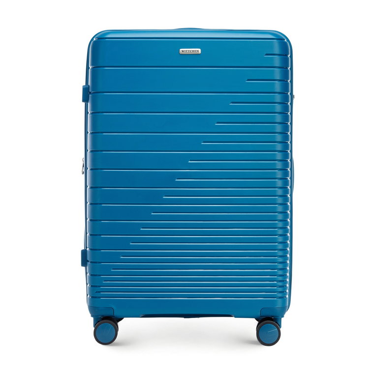 Duża walizka z polipropylenu z błyszczącymi paskami niebieska