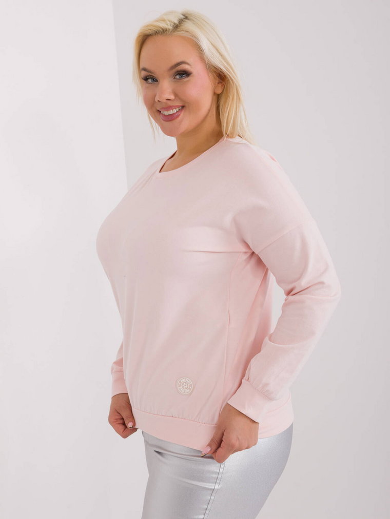 Bluzka plus size jasny różowy casual codzienna dekolt okrągły rękaw długi naszywki