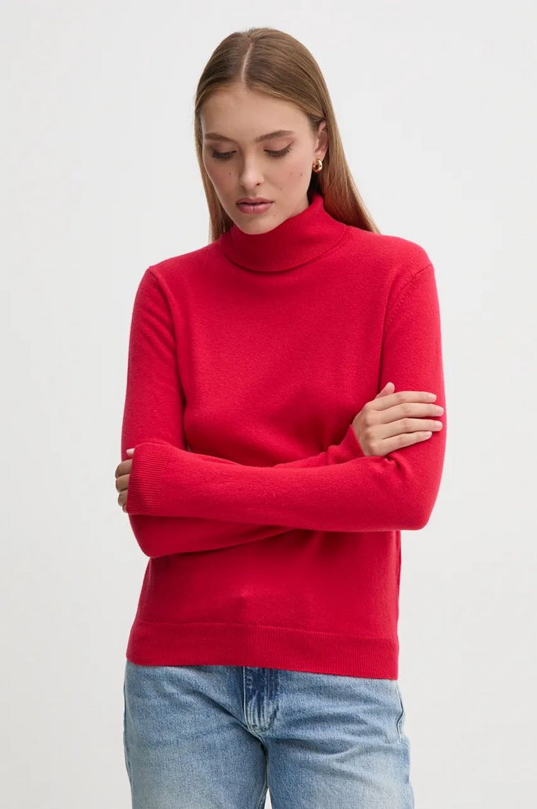 United Colors of Benetton sweter wełniany damski kolor czerwony lekki z golfem 1002D2348