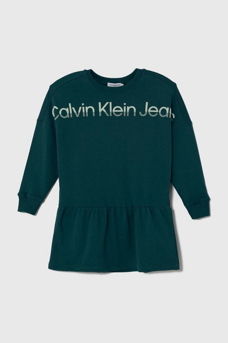 Calvin Klein Jeans sukienka bawełniana dziecięca kolor zielony mini rozkloszowana