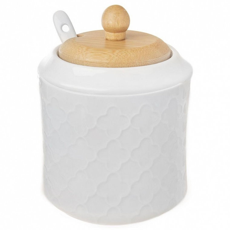 Cukierniczka porcelanowa z łyżeczką i pokrywką bambusową cukiernica pojemnik na cukier 11,5 cm kod: O-126715
