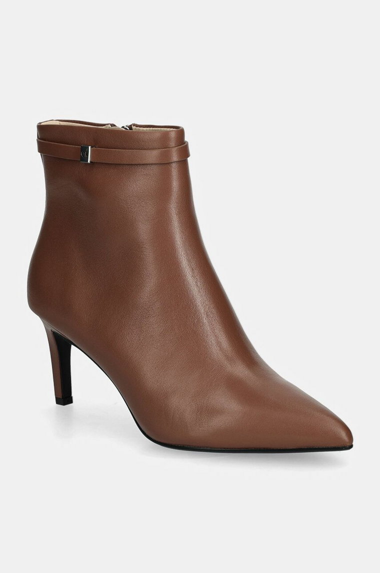 Calvin Klein botki skórzane HEEL ANKLE BOOT 70 W/HW LTH damskie kolor brązowy na szpilce HW0HW02172