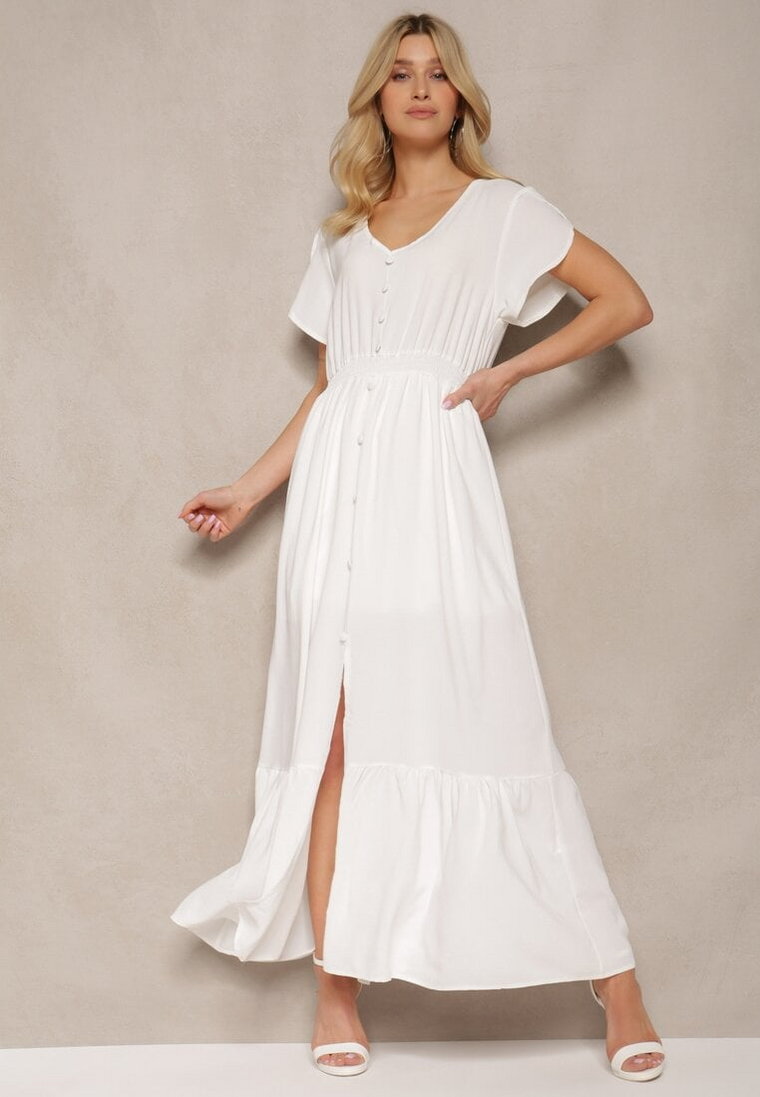 Biała Rozkloszowana Sukienka z Gumkami w Talii z Guzikami i Rozcięciem Gafia