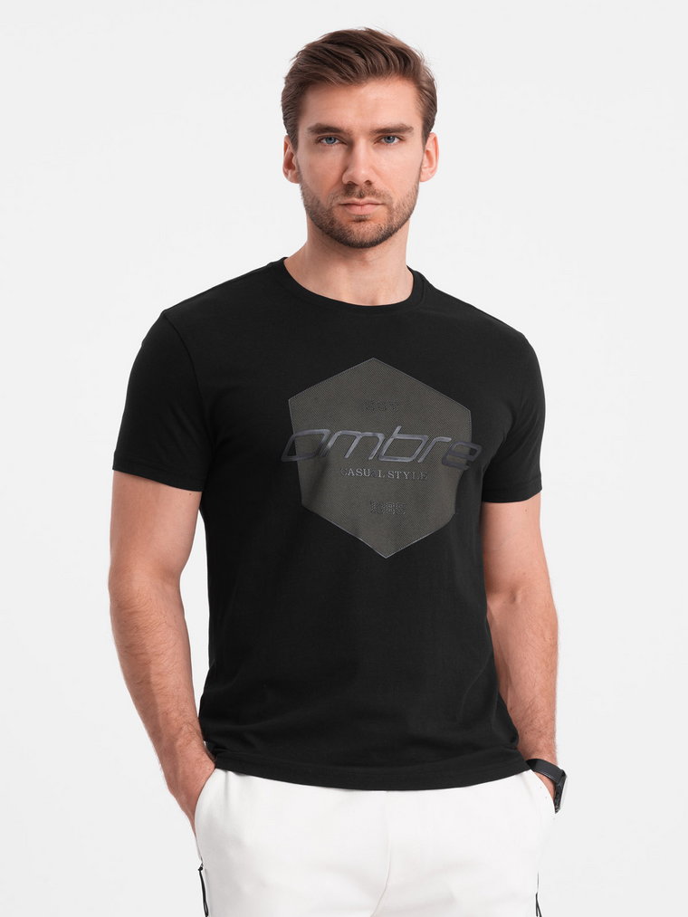 Męski t-shirt bawełniany z nadrukiem geometrycznym i logotypem - czarny V2 OM-TSPT-0141