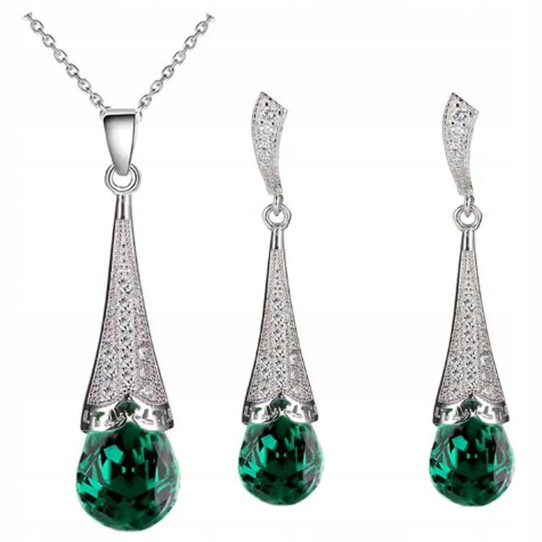 Srebrny Elegancki Komplet Biżuterii Zielone Cyrkonie Kryształki