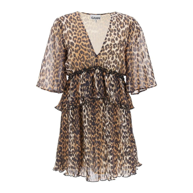 Plisowana Mini Sukienka z Motywem Leoparda Ganni