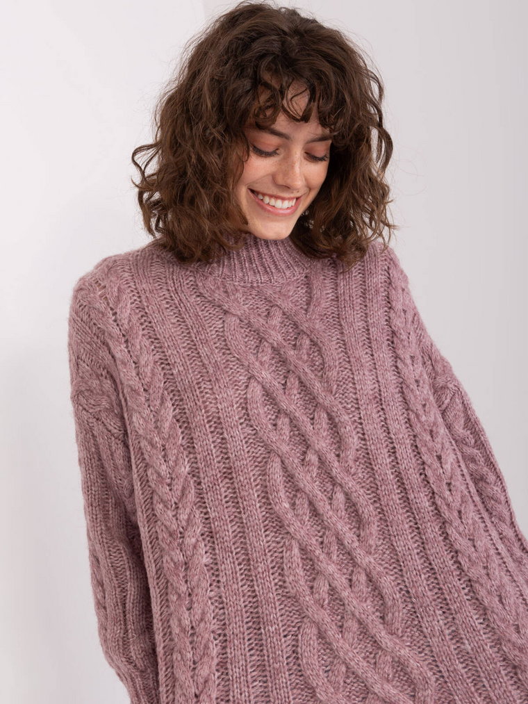 Sweter z warkoczami fioletowy casual dekolt półgolf