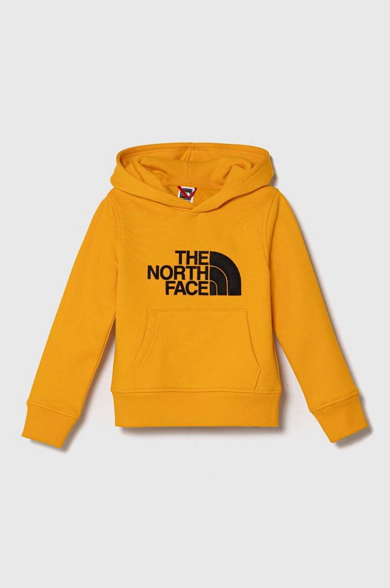 The North Face bluza dziecięca kolor żółty z kapturem z nadrukiem