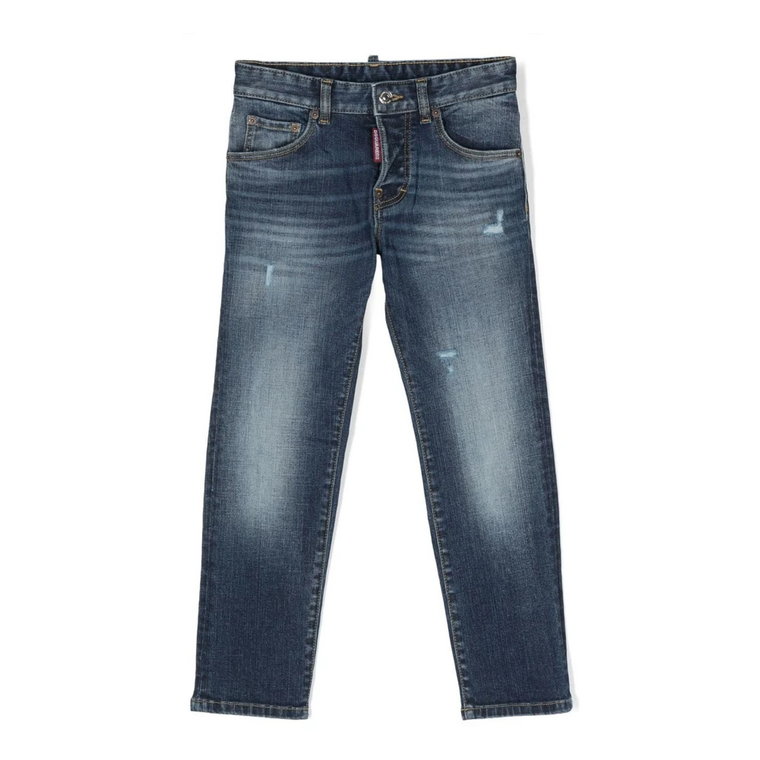 Niebieskie Jeansy z Efektem Zużycia i Detalem z Logo Dsquared2