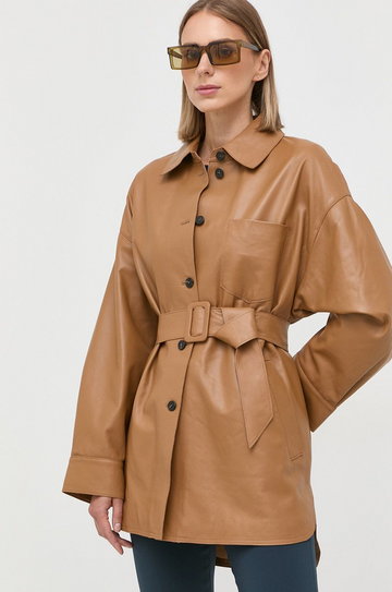Weekend Max Mara płaszcz skórzany damski kolor brązowy przejściowy oversize
