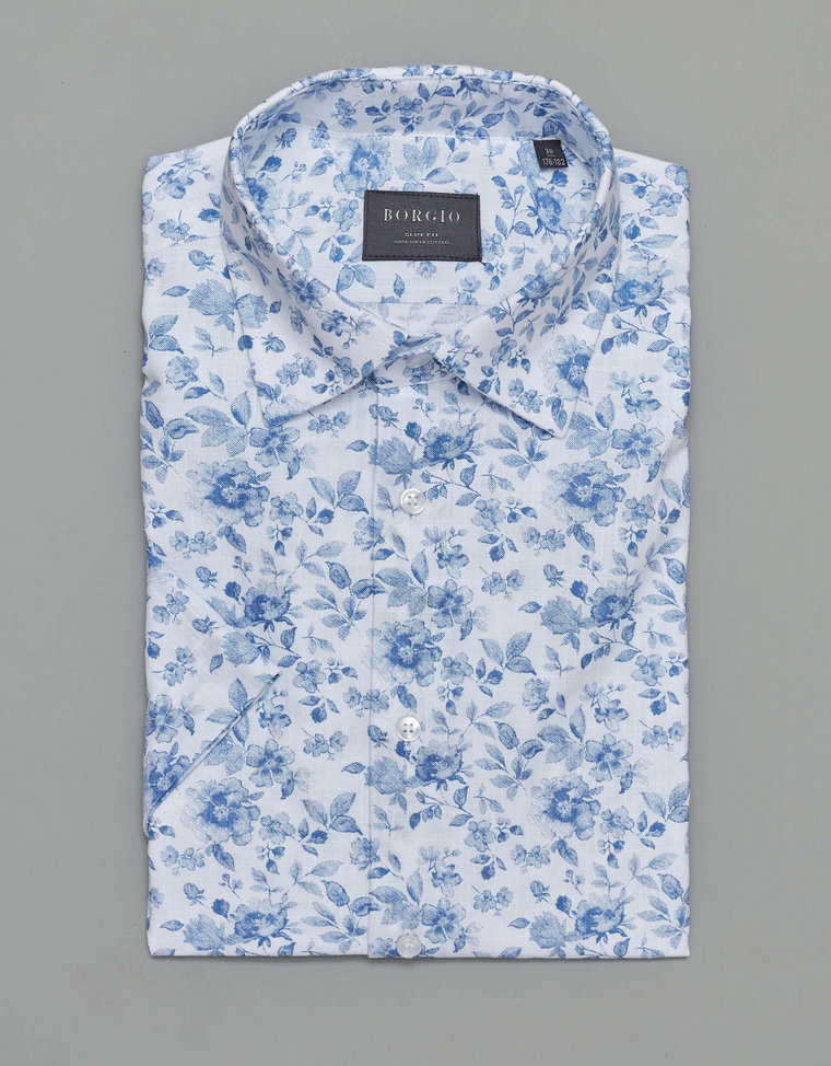 koszula biała w niebieskie kwiaty canosa 00288  krótki rękaw slim fit