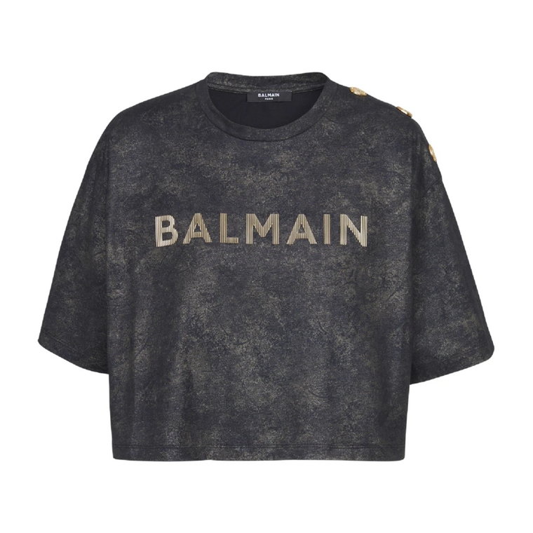 Przycięta ekologiczna koszulka z bawełny z teksturą i nadrukiem logo Balmain