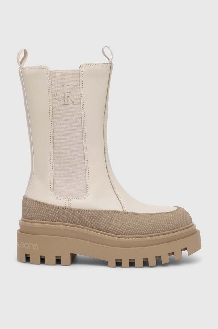 Calvin Klein Jeans sztyblety skórzane FLATFORM CHELSEA BOOT LTH WN damskie kolor beżowy na platformie YW0YW01111