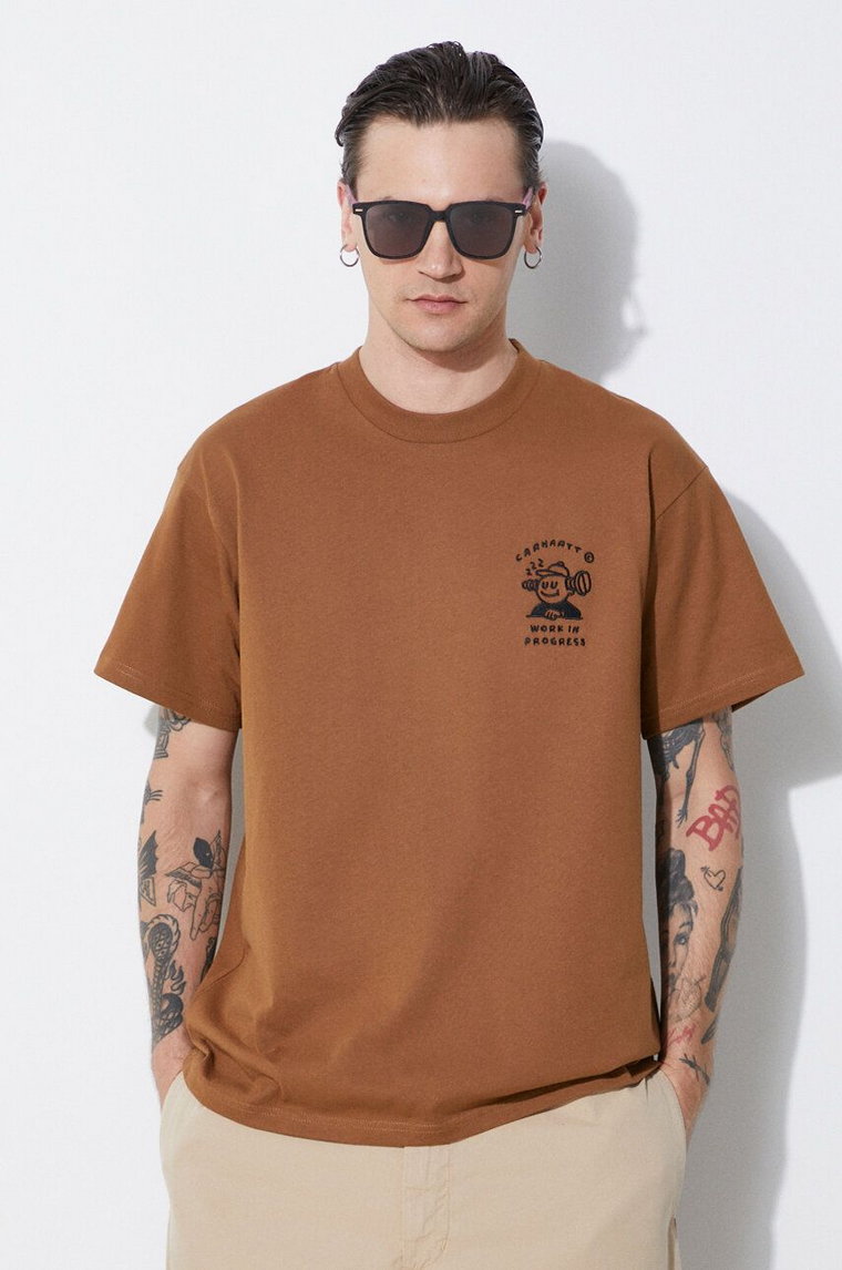 Carhartt WIP t-shirt bawełniany S/S Icons T-Shirt męski kolor brązowy z aplikacją I033271.08WXX