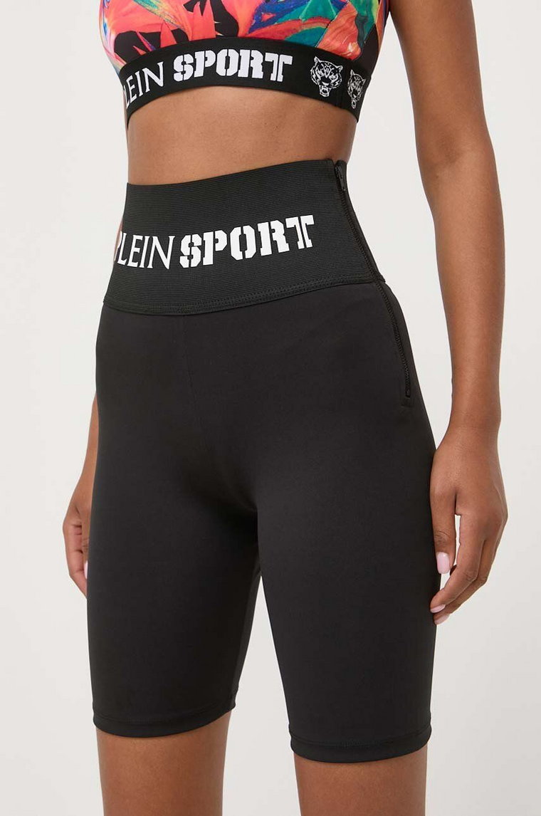 PLEIN SPORT szorty damskie kolor czarny z nadrukiem high waist