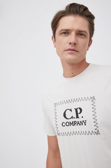 C.P. Company T-shirt bawełniany kolor beżowy z nadrukiem