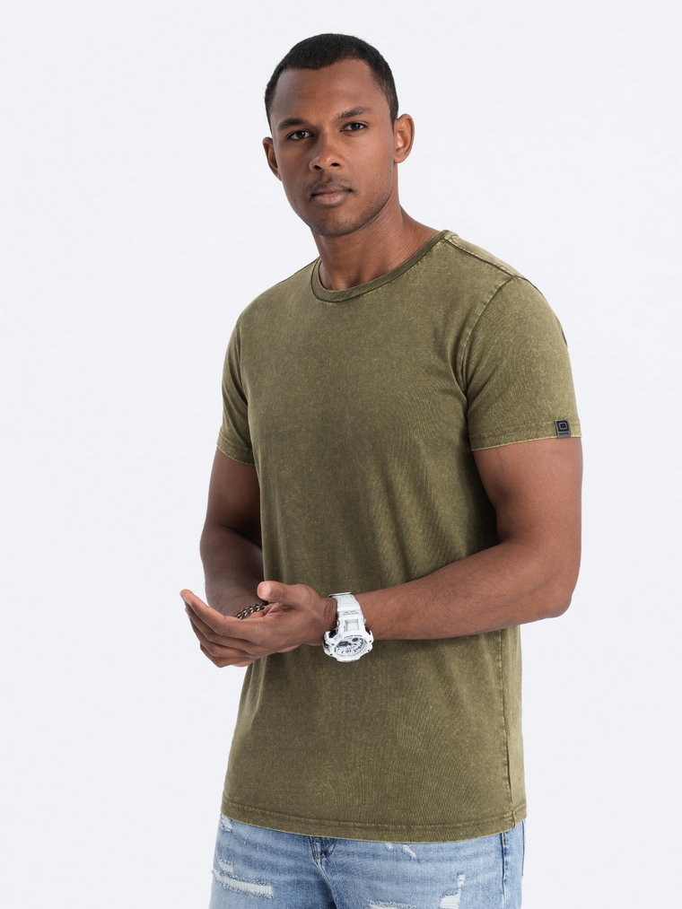 T-shirt męski z efektem ACID WASH - oliwkowy V4 S1638