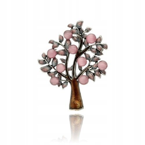 Broszka drzewo z oczkami z różowego kwarcu z kolorową emalią