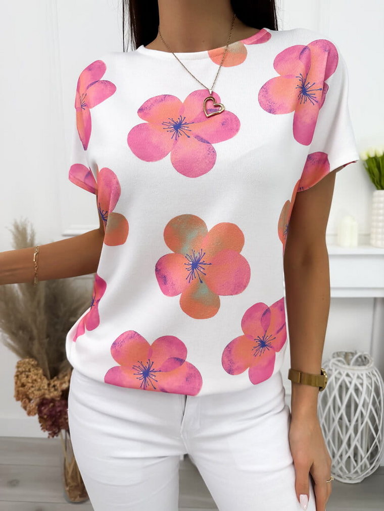 Kremowa Sweterkowa Bluzeczka w Kwiaty