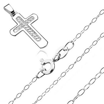 Srebrny naszyjnik 925 - krzyż z plecionym sznurem na środku, lśniący łańcuszek
