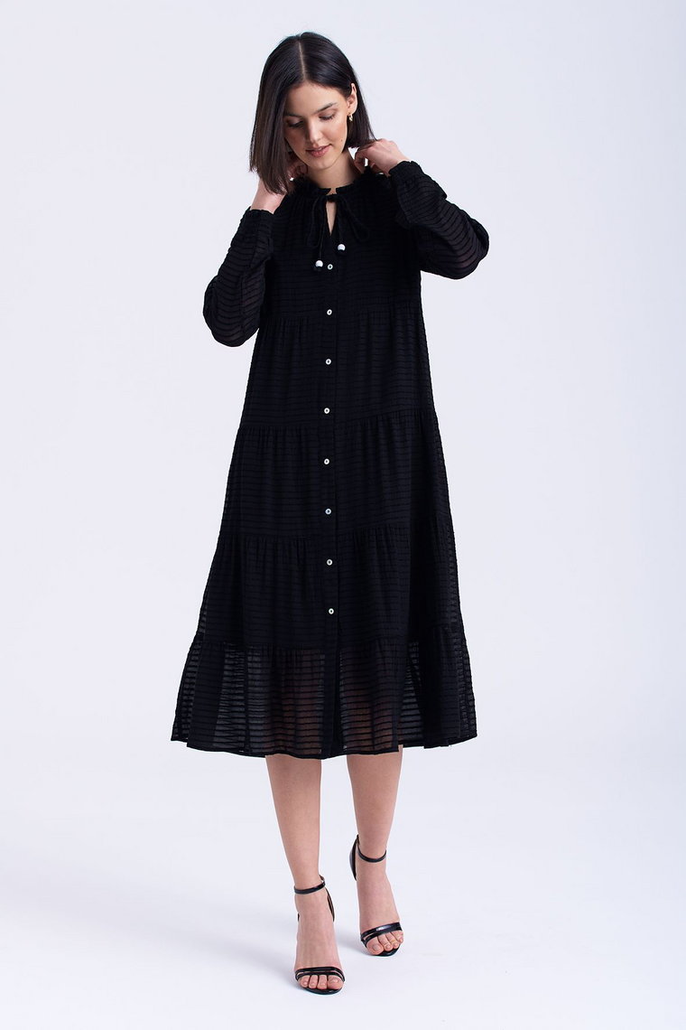 Midi sukienka z tkaniny w paski czarna