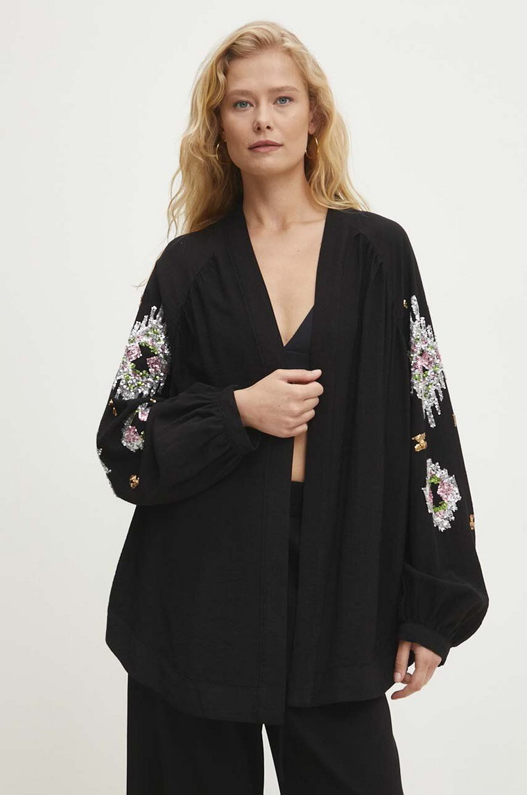 Answear Lab kimono kolor czarny oversize wzorzysta