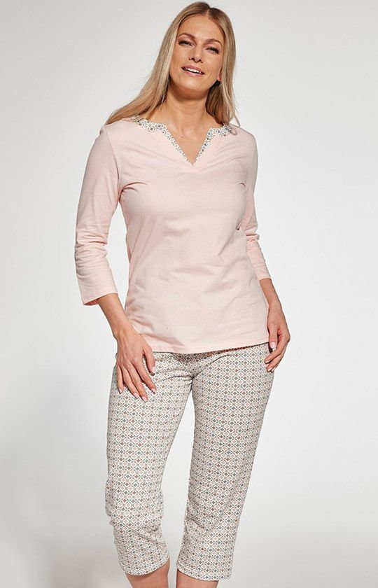 Bawełniana piżama damska 766/358 Cindy, Kolor łososiowy-wzór, Rozmiar 3XL, Cornette