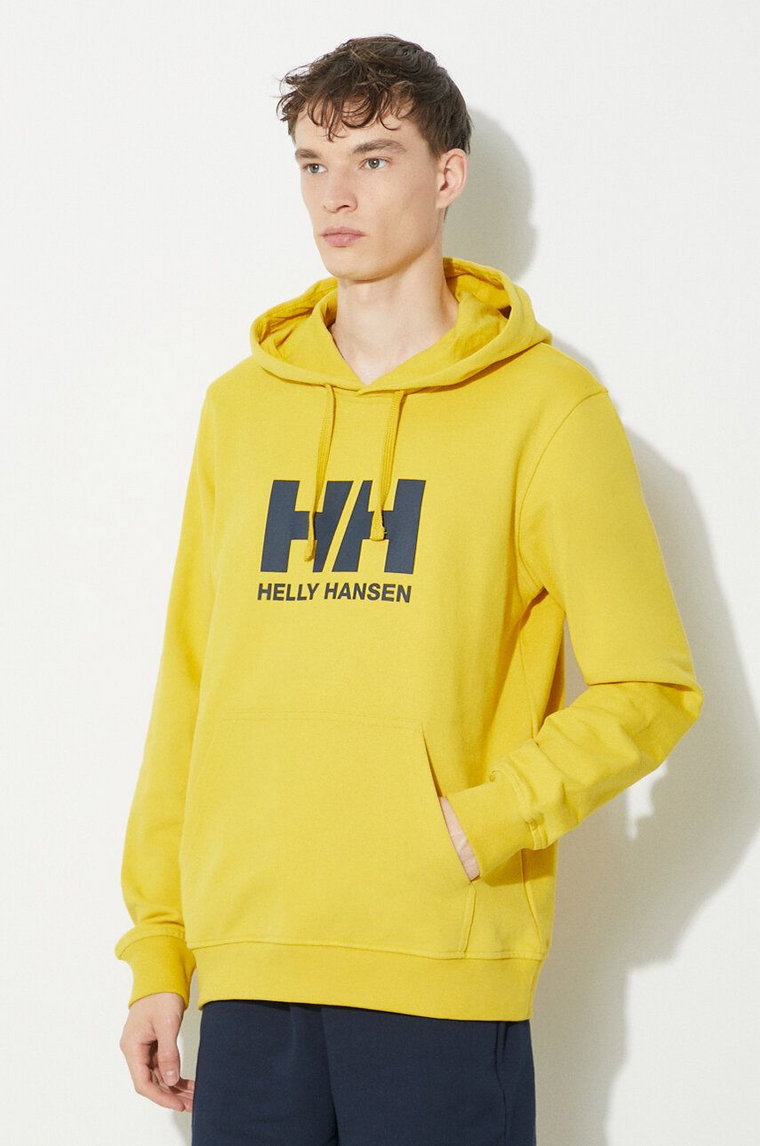 Helly Hansen bluza bawełniana HH LOGO HOODIE męska kolor żółty z kapturem z aplikacją 33977