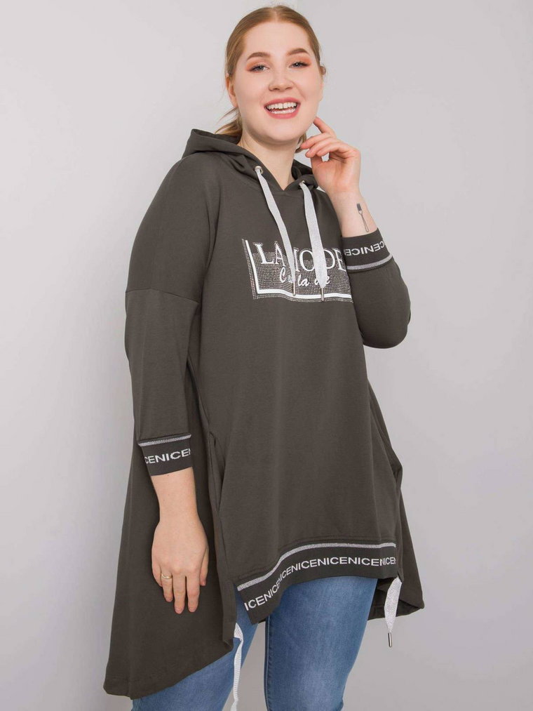 Bluza plus size ciemny khaki casual wkładane przez głowę z kapturem dekolt okrągły rękaw 3/4 dżety