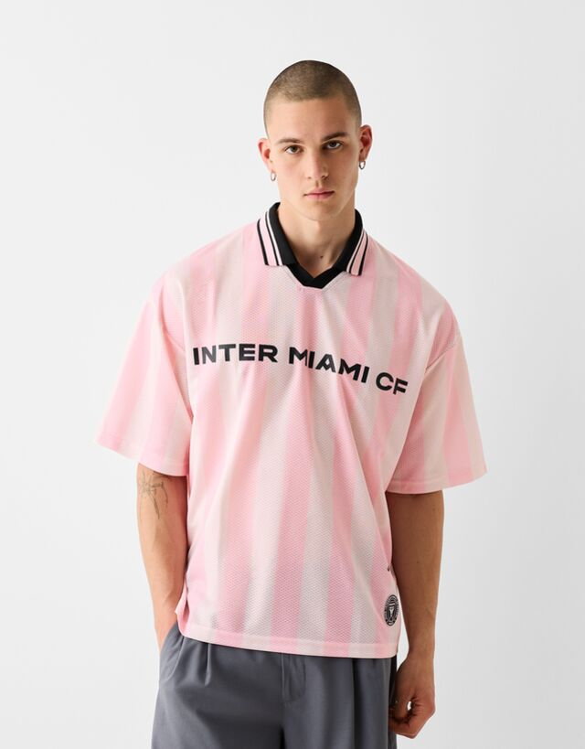 Bershka Koszulka Polo Z Siateczki W Paski Inter Miami Cf Mężczyzna L Różowy