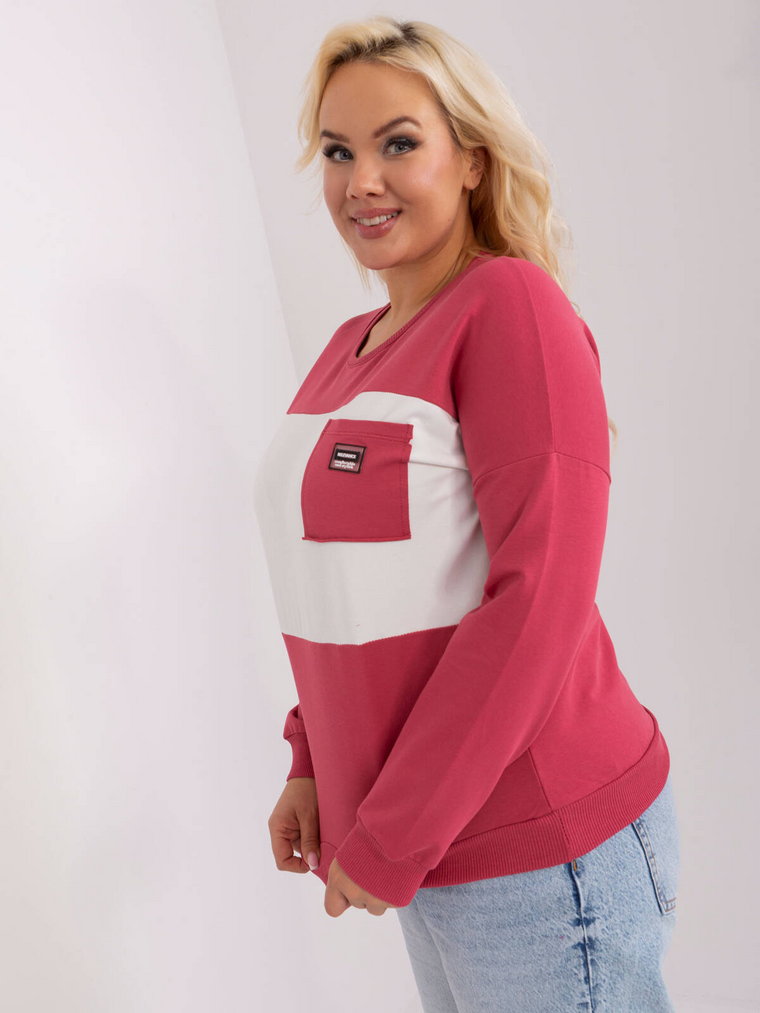 Bluzka plus size koralowy casual codzienna dekolt okrągły rękaw długi kieszeń naszywki