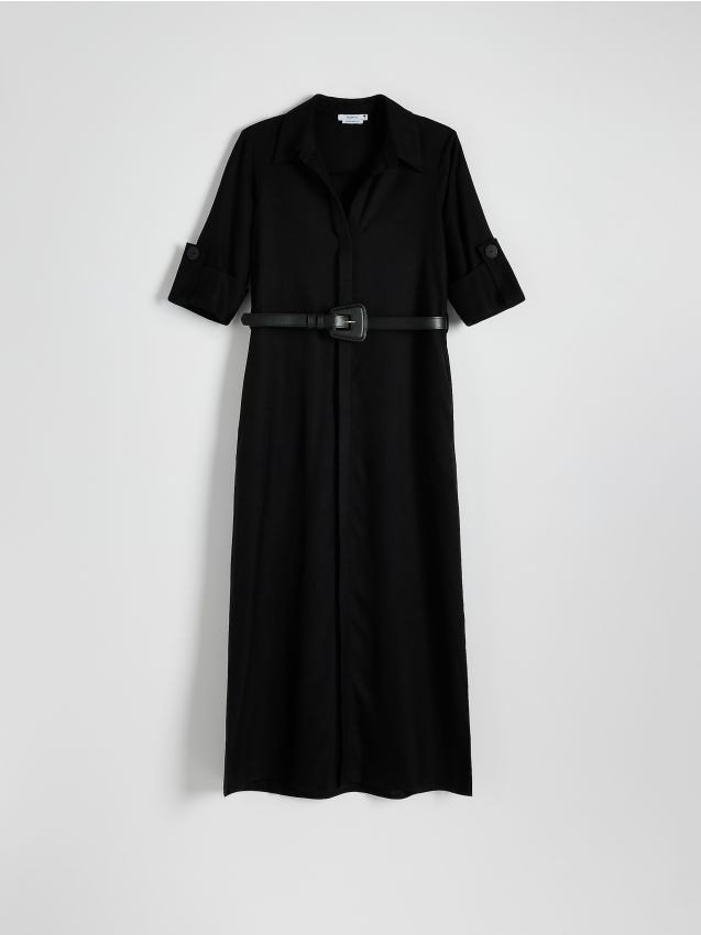 Reserved - Sukienka midi z wiskozy z paskiem - czarny