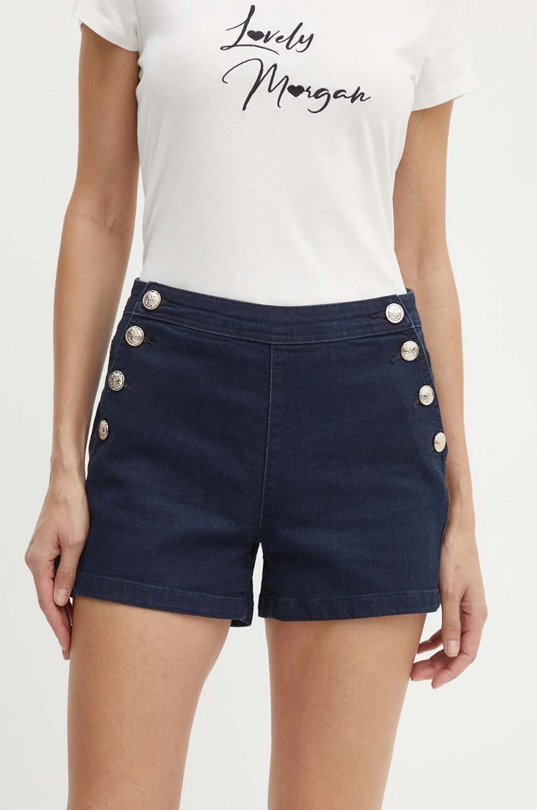 Morgan szorty jeansowe SHIVAL damskie kolor granatowy gładkie high waist SHIVAL