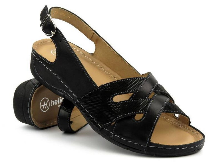 Skórzane sandały damskie na platformie - HELIOS Komfort 134, czarne
